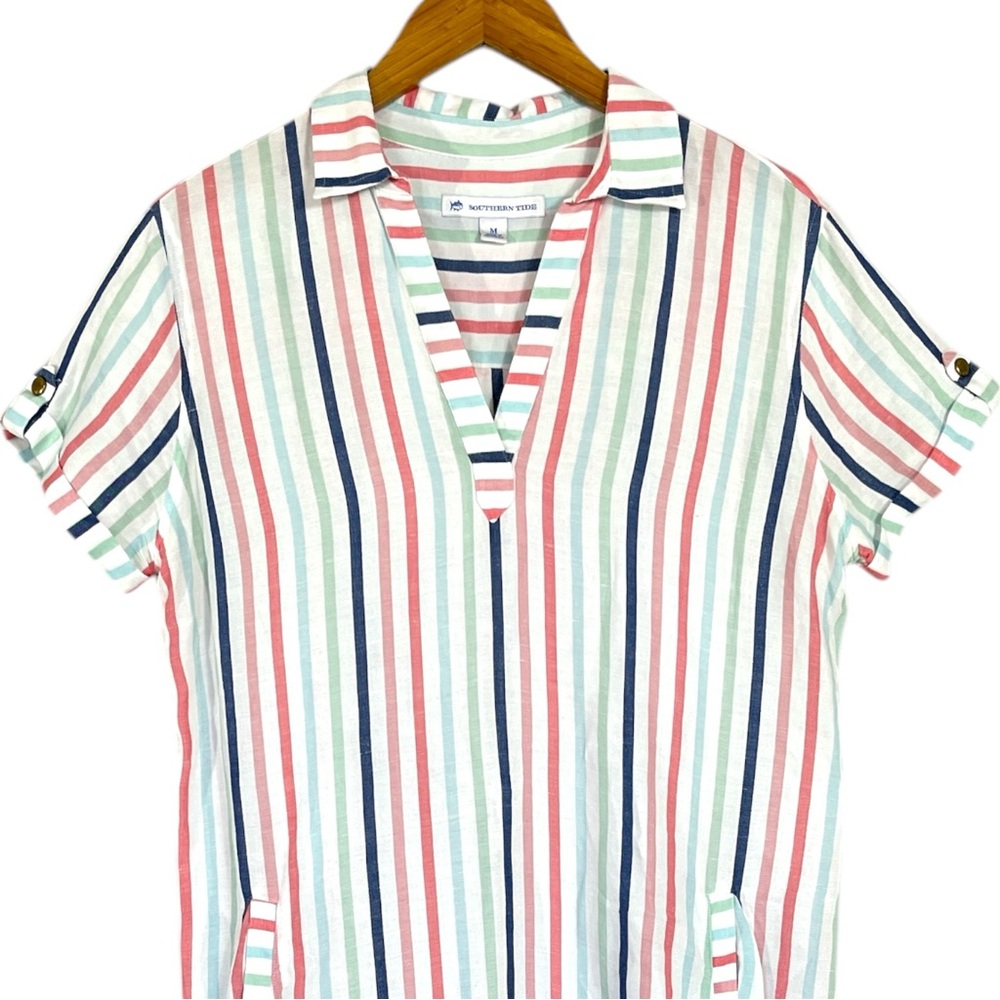 Southern Tide Linen-Blend Striped Mini Dress in White, Blue & Pink - Picture 5 of 9